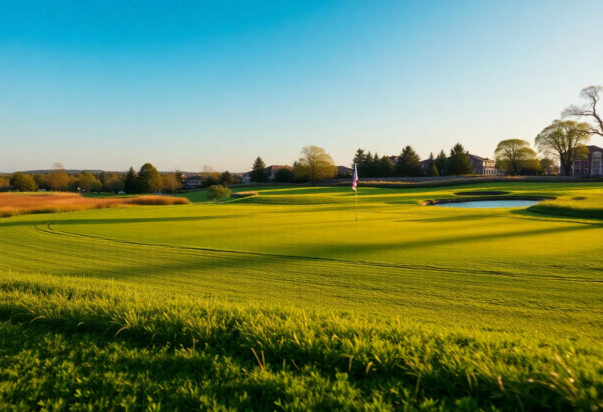 Close up of a beautiful golf course with golfer and alligator