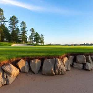 Close up of a beautiful golf course with vibrant green grass and scenic landscaping.