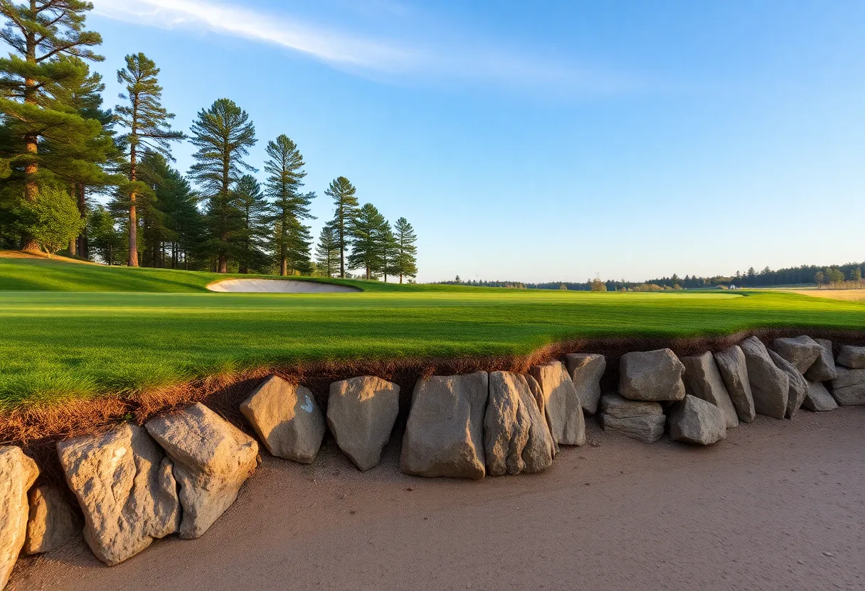Close up of a beautiful golf course with vibrant green grass and scenic landscaping.