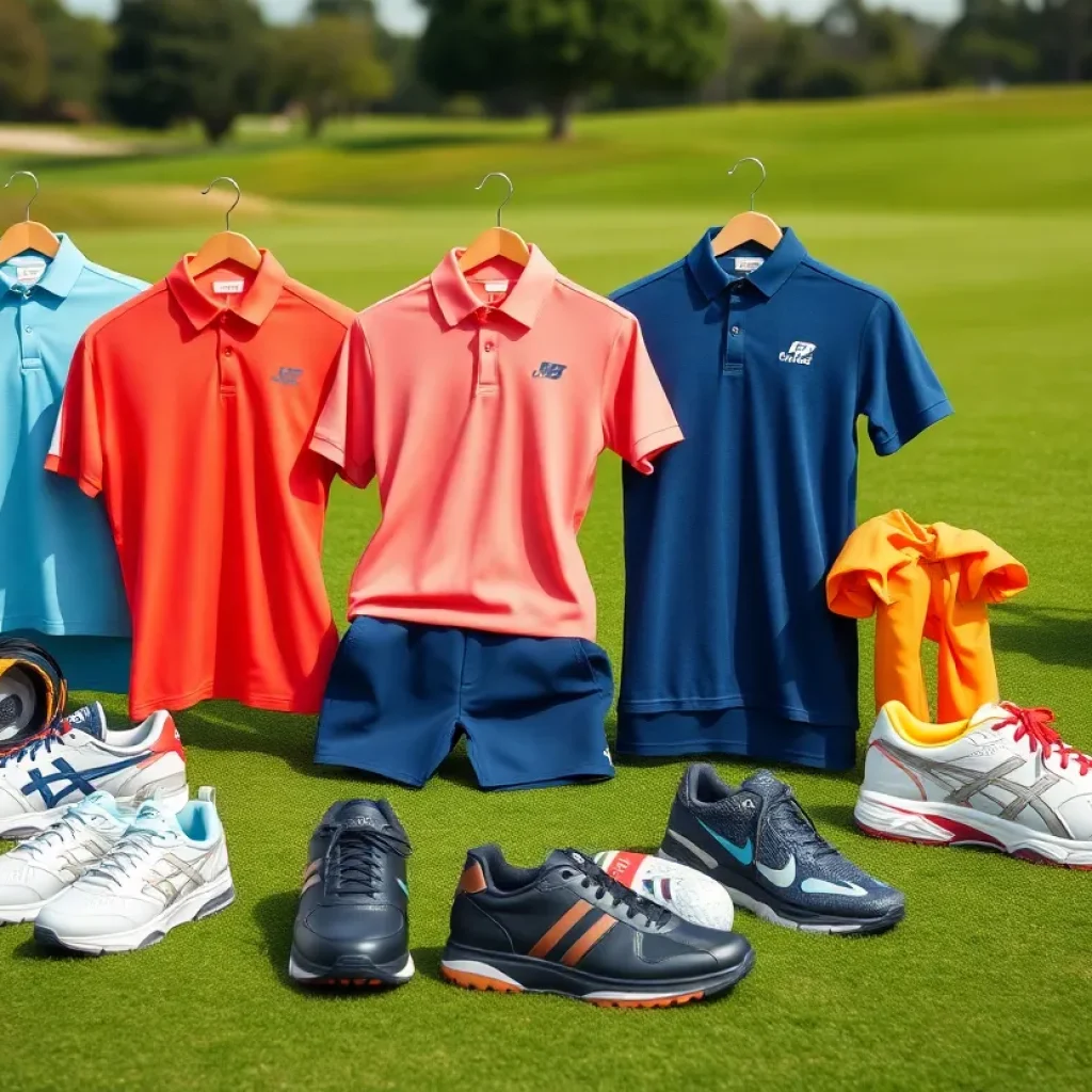 A variety of Adidas golf clothing and shoes displayed outdoors
