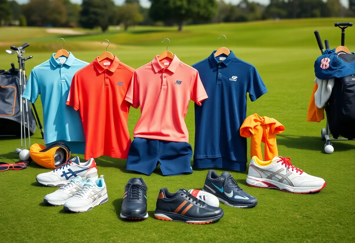 A variety of Adidas golf clothing and shoes displayed outdoors