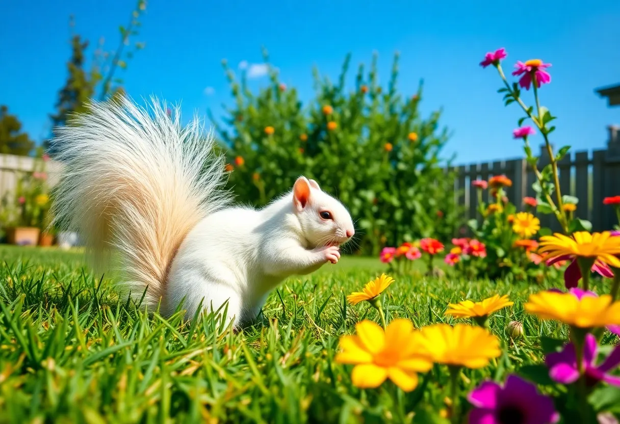 An albino squirrel in a garden