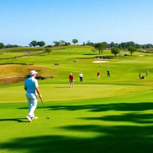 Austin Peay men's golf team competing in a tournament on the fairways of LPGA International.