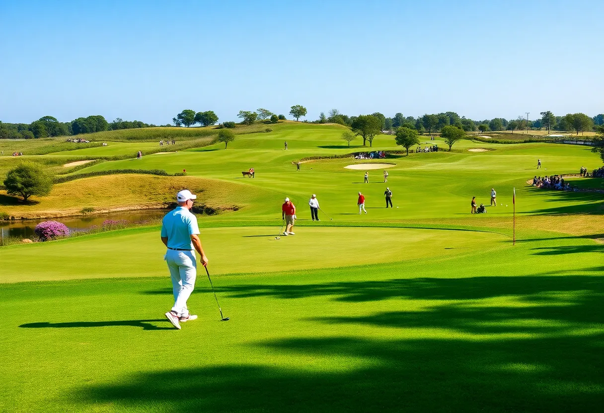 Austin Peay men's golf team competing in a tournament on the fairways of LPGA International.