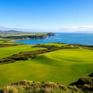 Scenic view of a golf course in Ayrshire, with rolling hills and vibrant green fairways.