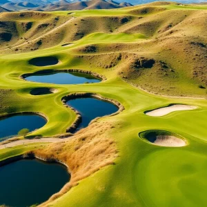 Aerial view of Bay Hill Golf Course highlighting its hilly terrain and sinkhole ponds.