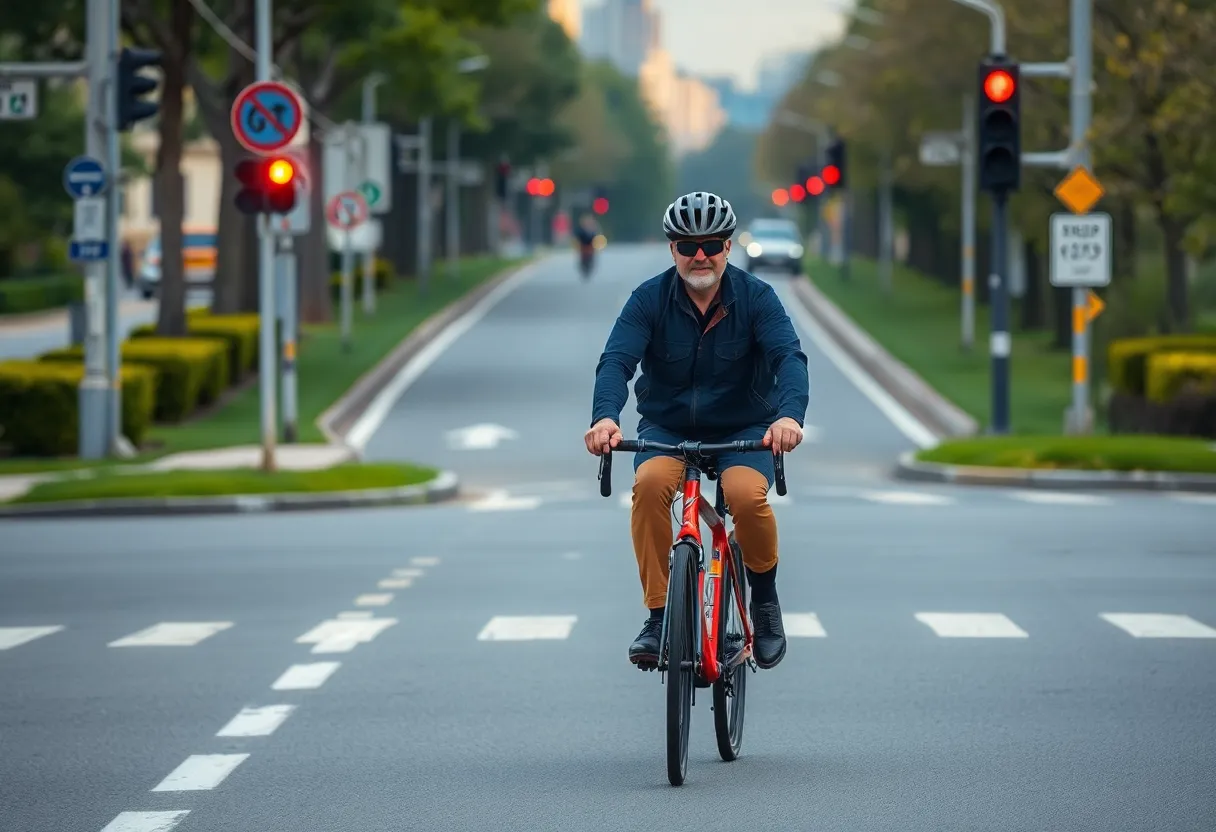 A cyclist on a Jacksonville road promoting bicycle safety.