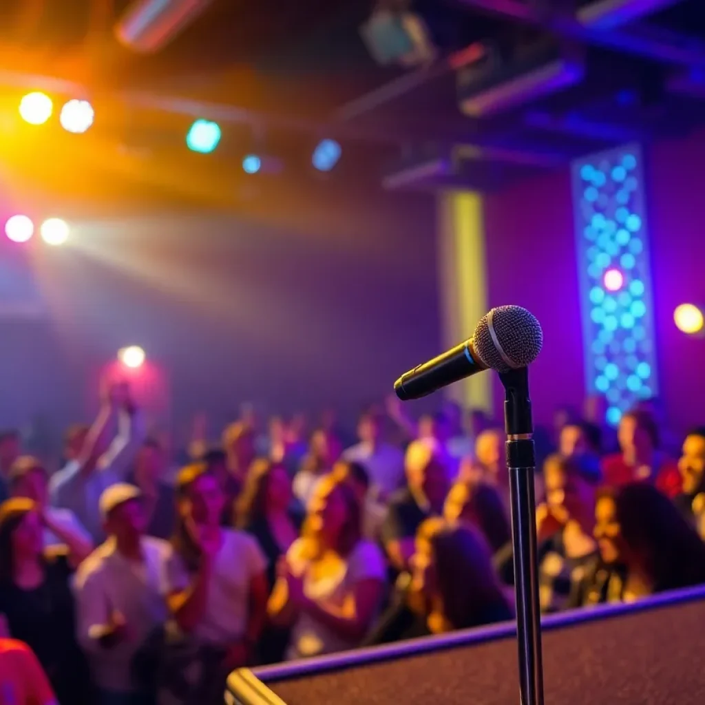 Audience enjoying a comedy performance with colorful stage lights.