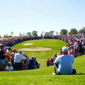 A golf ball falling into the hole on the iconic 17th hole at TPC Sawgrass.