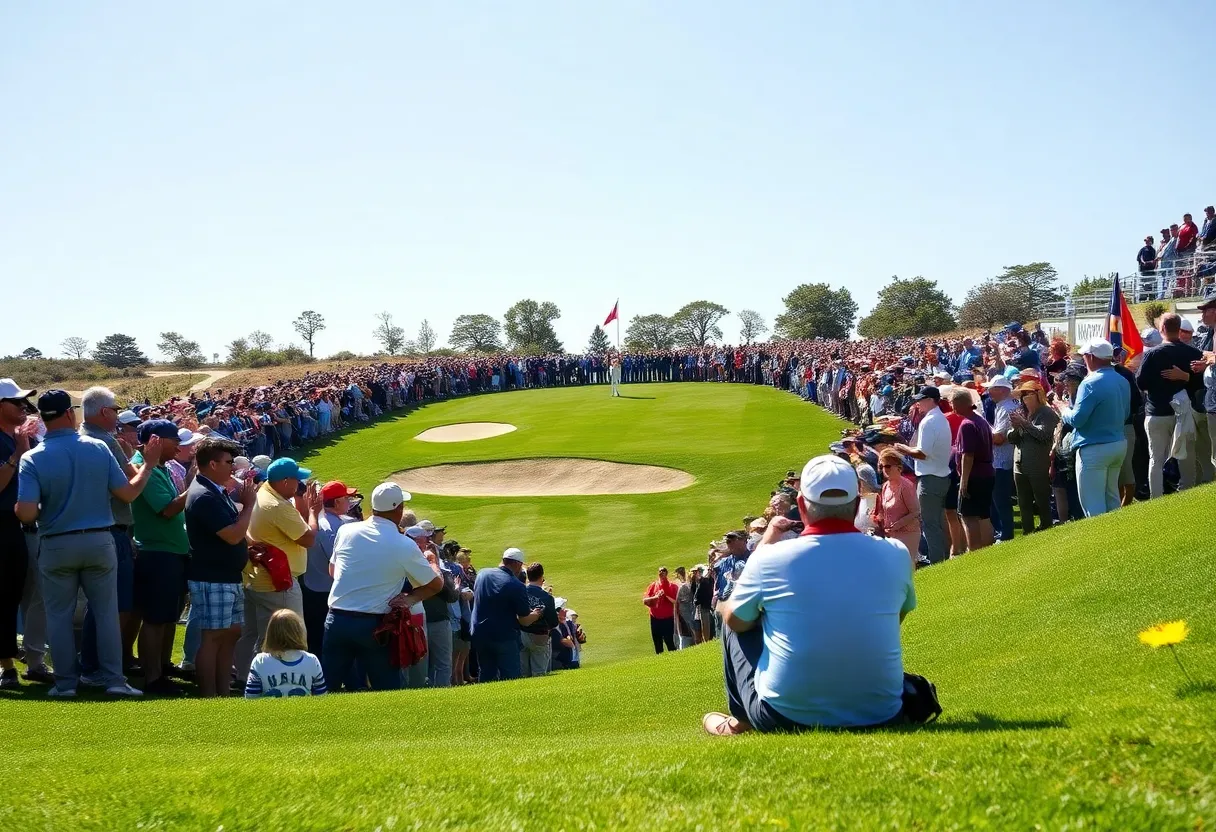 A golf ball falling into the hole on the iconic 17th hole at TPC Sawgrass.