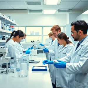 Laboratory scene showcasing collaboration in cancer research