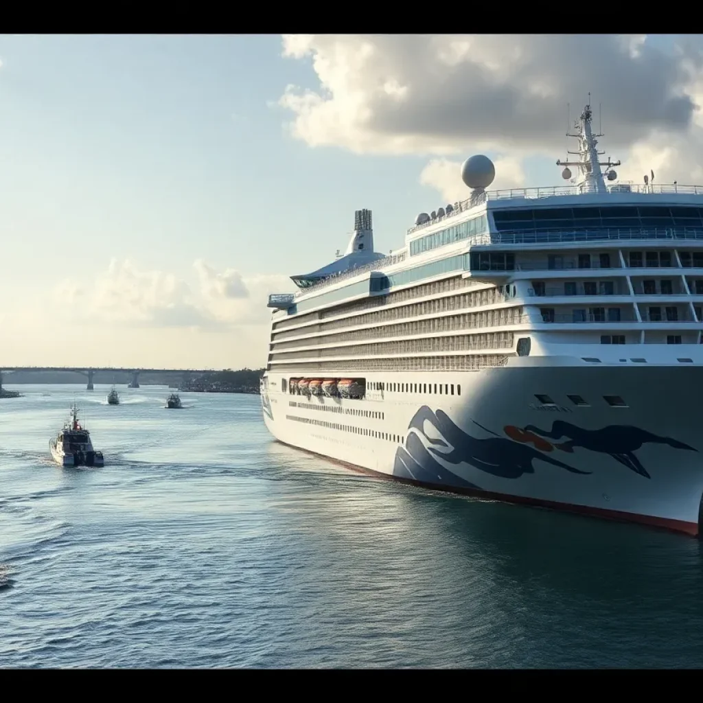 Cruise ship Carnival Elation docked in Jacksonville with rescue boats