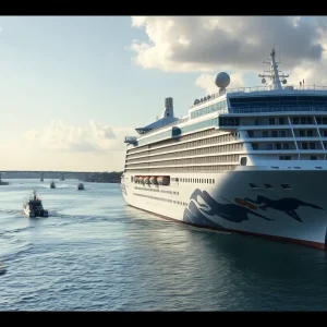 Cruise ship Carnival Elation docked in Jacksonville with rescue boats