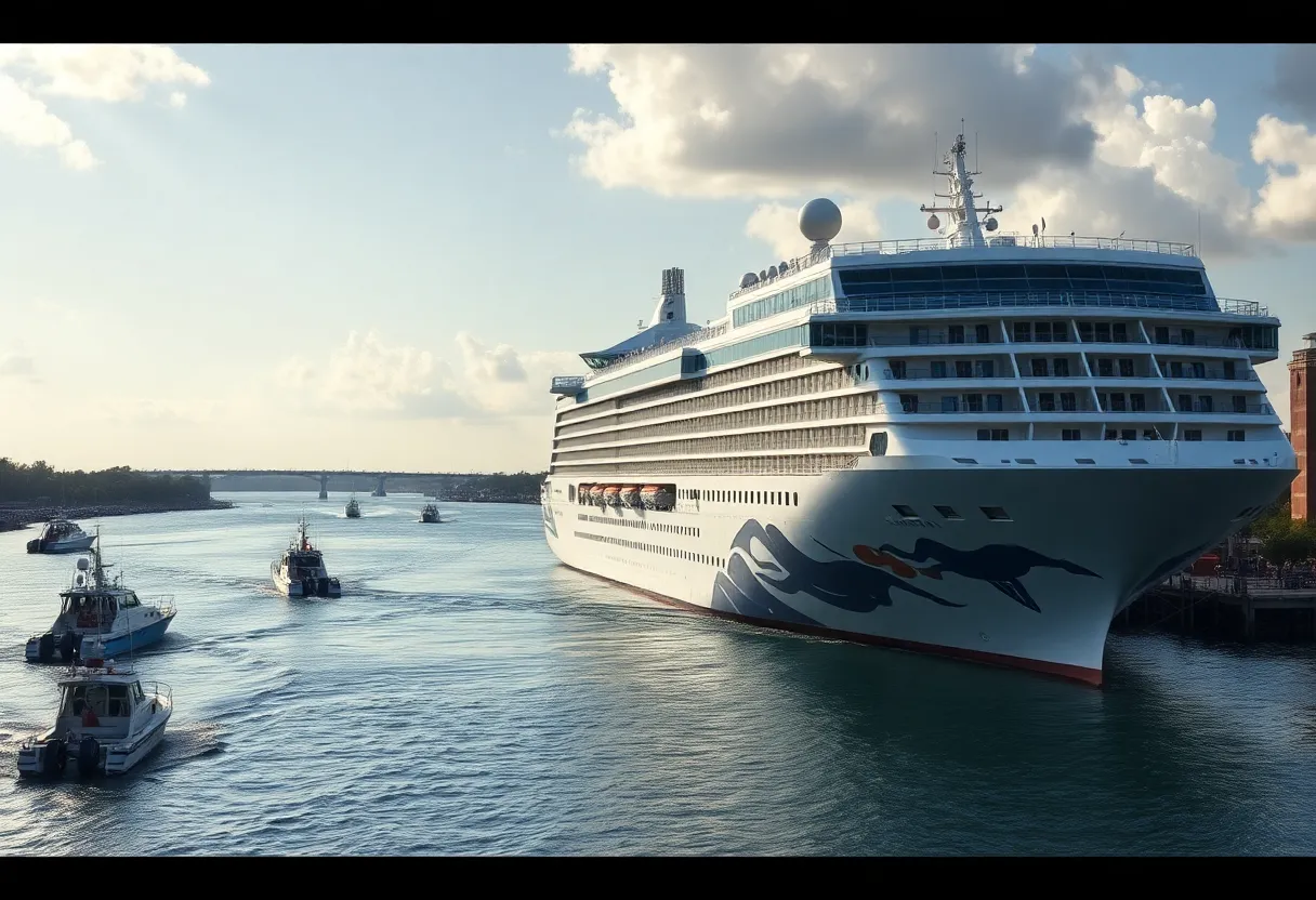 Cruise ship Carnival Elation docked in Jacksonville with rescue boats