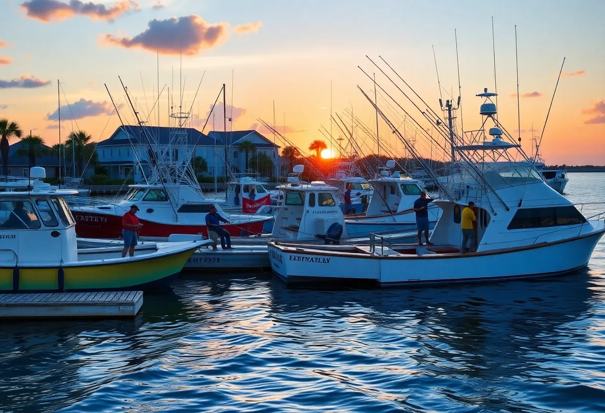 Fishing boats and anglers in St. Augustine, Florida at sunset