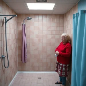 Empty shower in a senior living facility highlighting cold water issues.