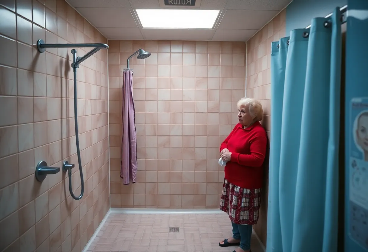 Empty shower in a senior living facility highlighting cold water issues.