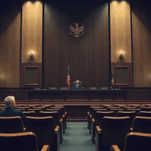A somber courtroom reflecting tension and justice