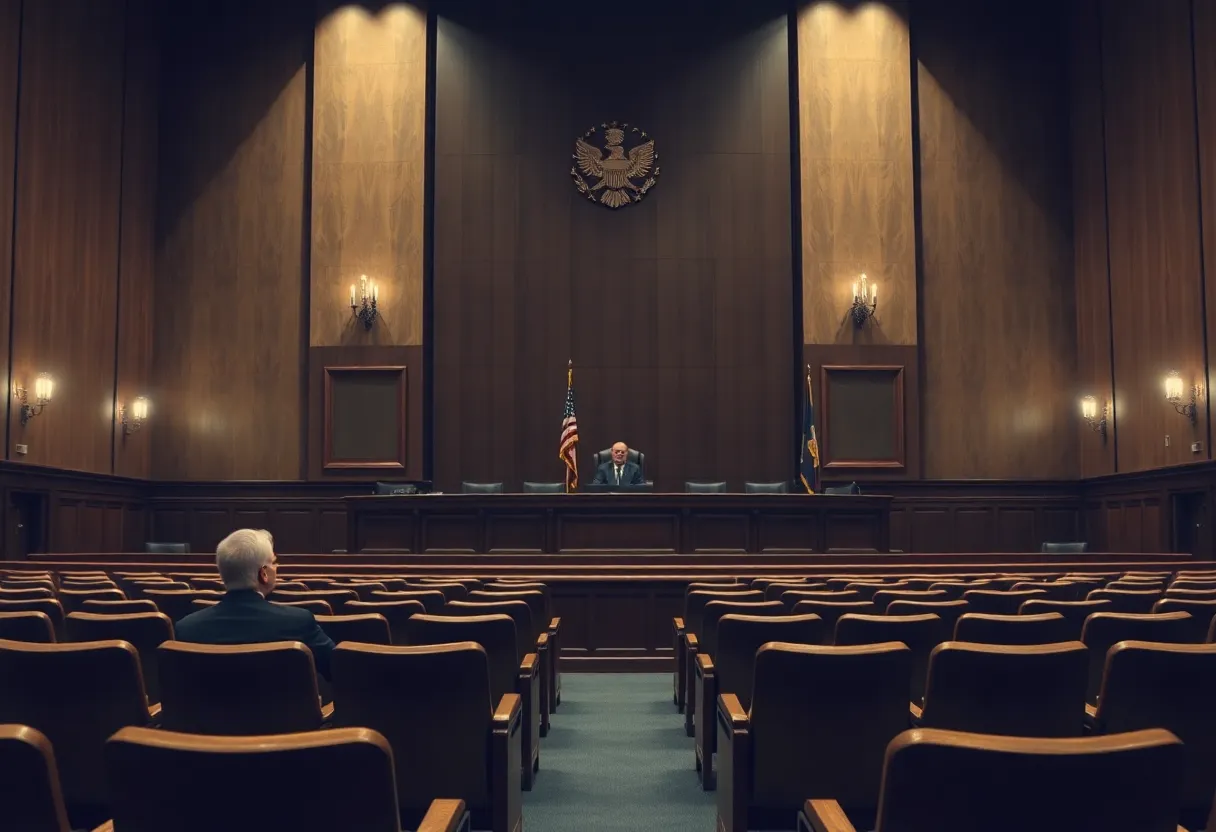 A somber courtroom reflecting tension and justice