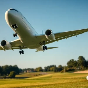 Airplane flying over a lush green golf course