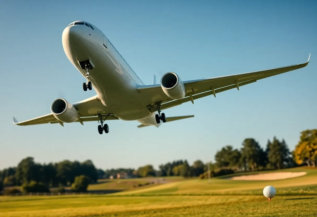 Airplane flying over a lush green golf course