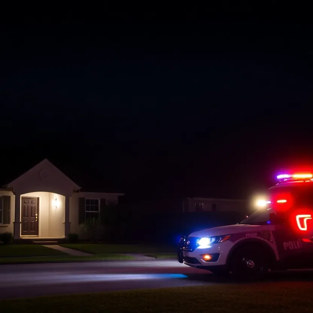 Police lights flashing in a Jacksonville neighborhood during a domestic battery incident.
