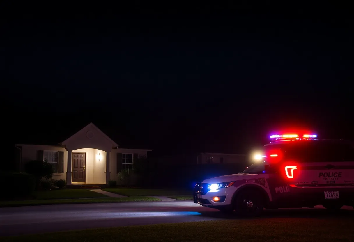 Police lights flashing in a Jacksonville neighborhood during a domestic battery incident.
