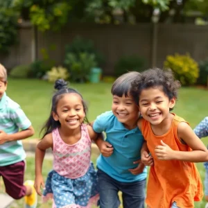 A happy family playing together in their backyard.