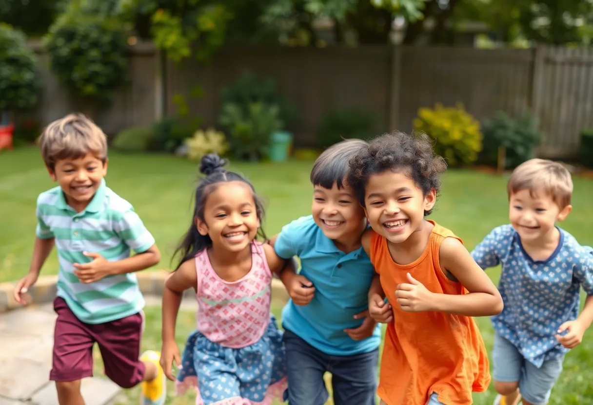A happy family playing together in their backyard.