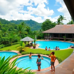 Families enjoying a sunny day at a resort in Costa Rica with beach and jungle.