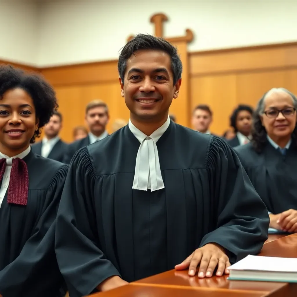 A group of judges in a courtroom discussing legal matters.