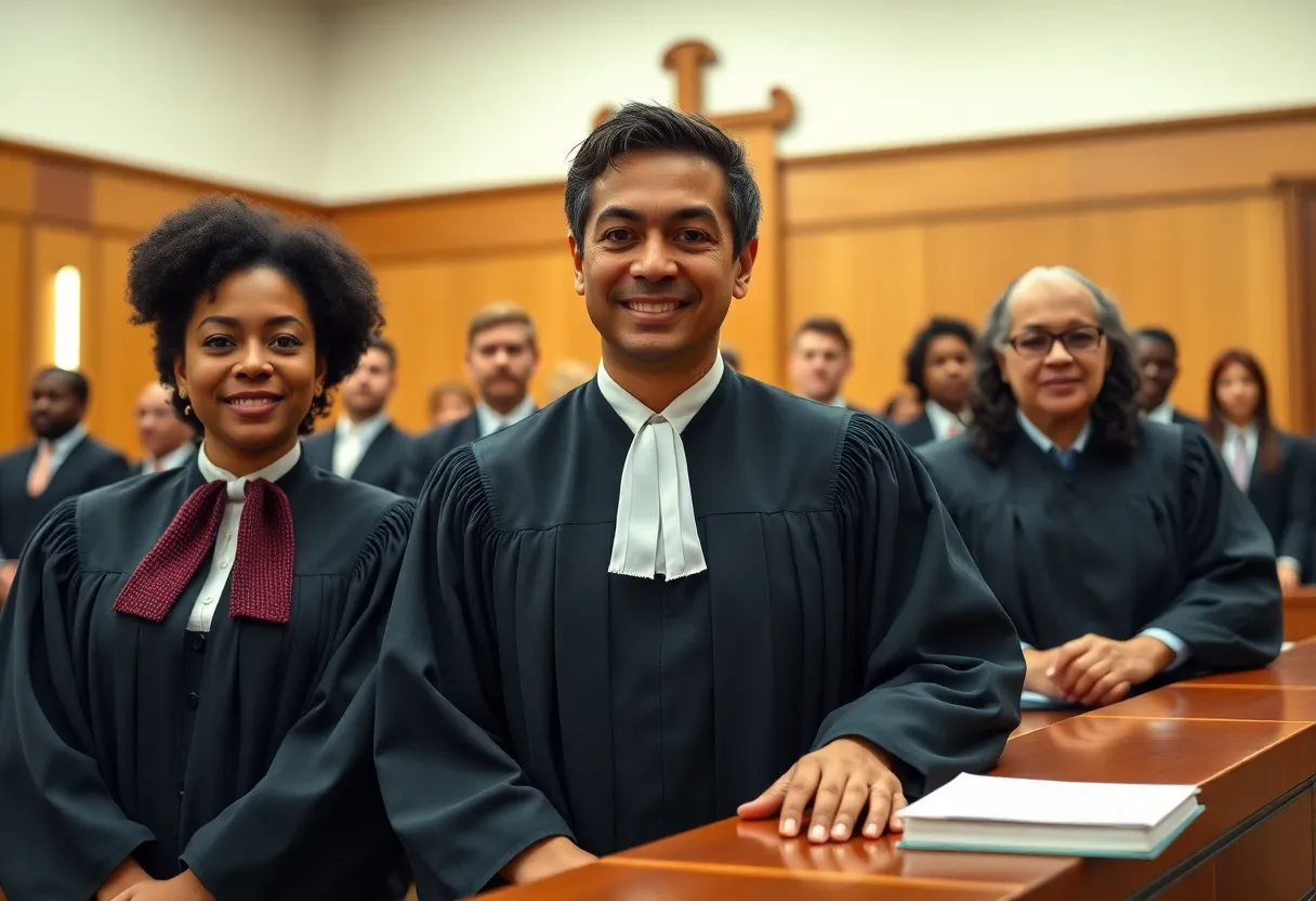 A group of judges in a courtroom discussing legal matters.