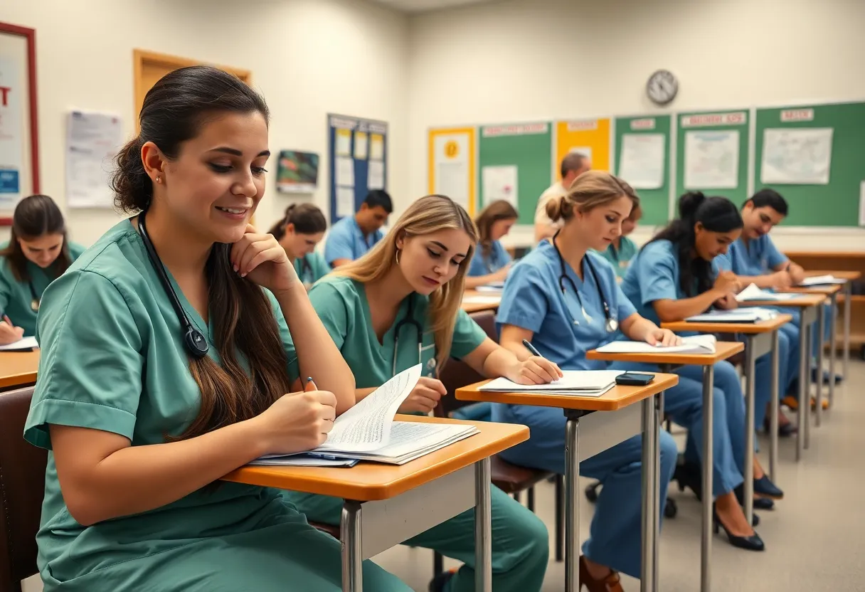 Nursing students in a classroom preparing for exams in Florida.