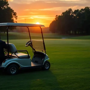 An empty golf cart parked on a peaceful golf course at sunset.