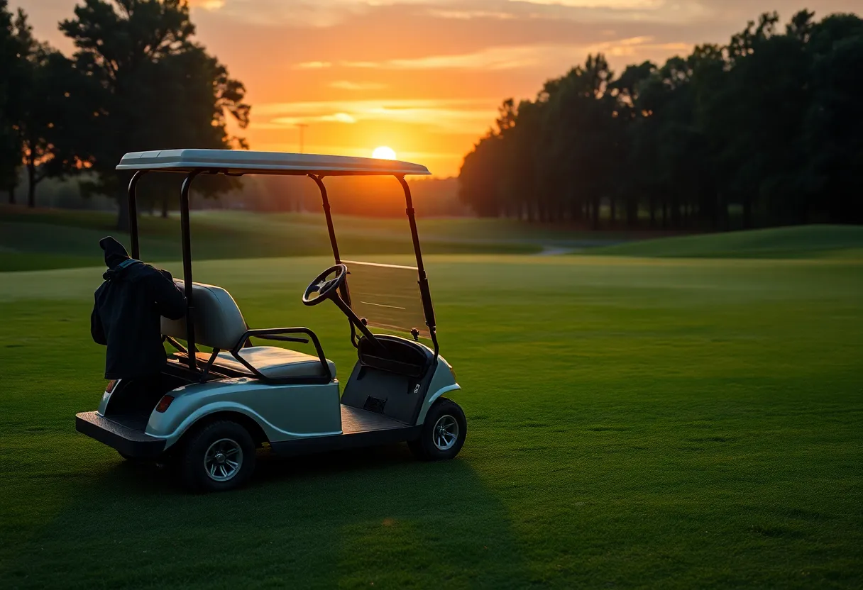 An empty golf cart parked on a peaceful golf course at sunset.