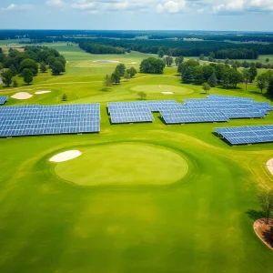 A golf course next to solar panels and wind turbines