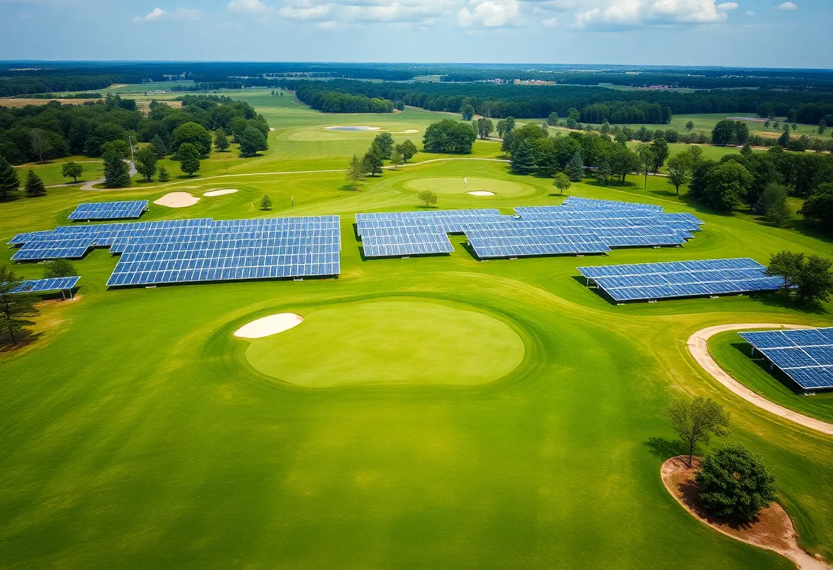 A golf course next to solar panels and wind turbines