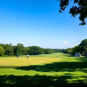 A beautifully maintained golf course at sunset with players practicing.