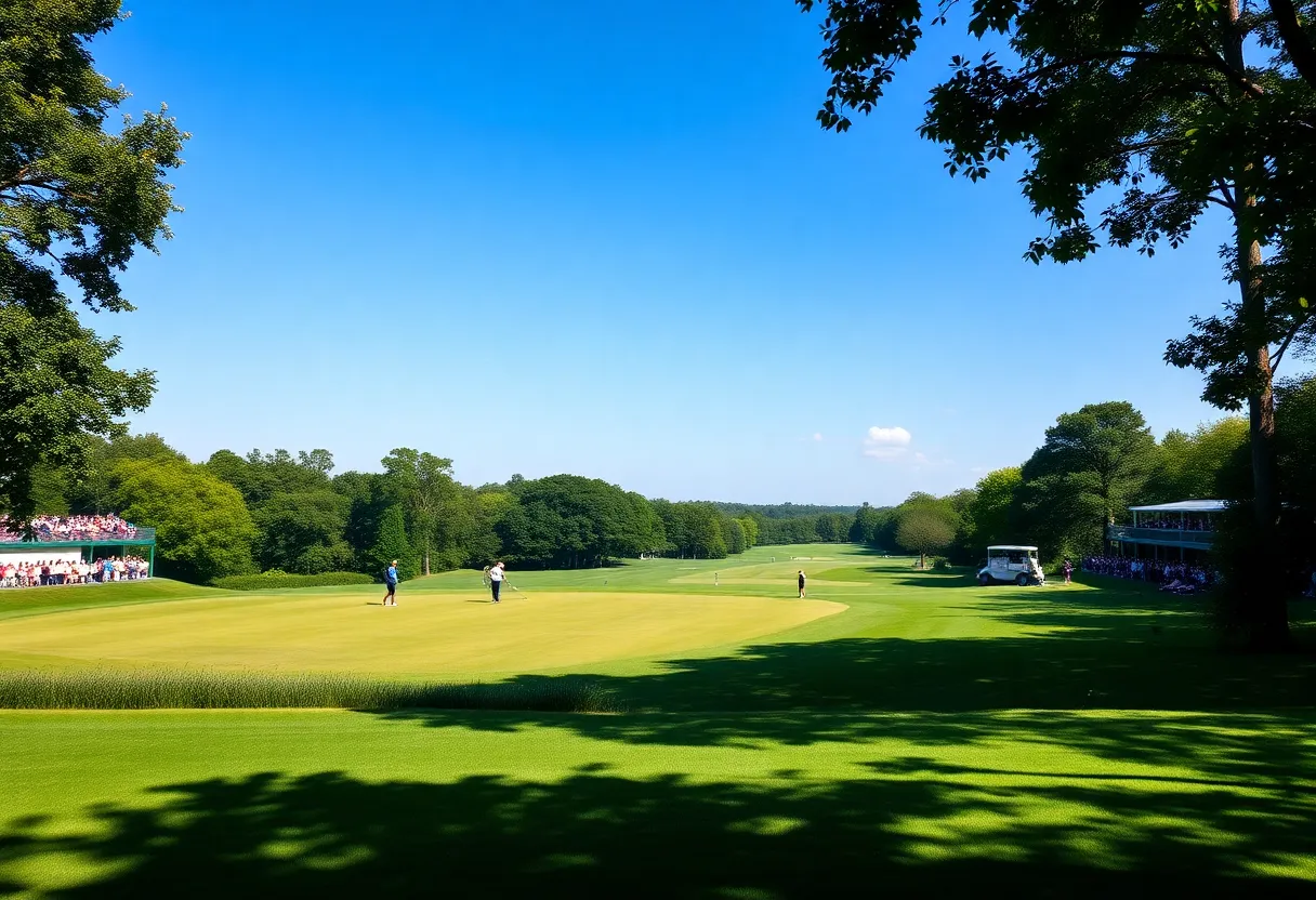 A beautifully maintained golf course at sunset with players practicing.