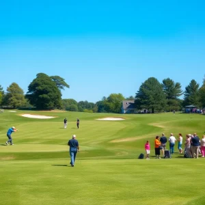 golfer swinging on a beautiful golf course