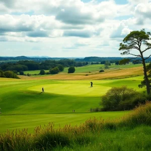 A stunning view of a golf course in the UK with golfers playing.
