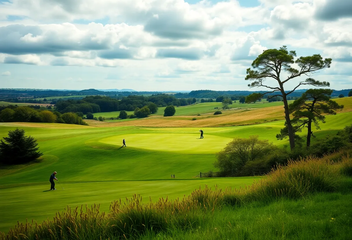 A stunning view of a golf course in the UK with golfers playing.
