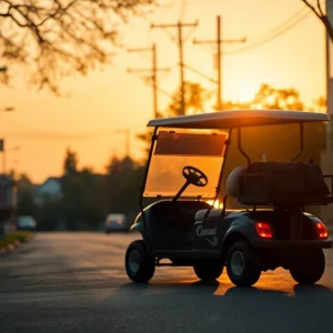An empty golf cart on a street at dawn, representing a tragic incident.