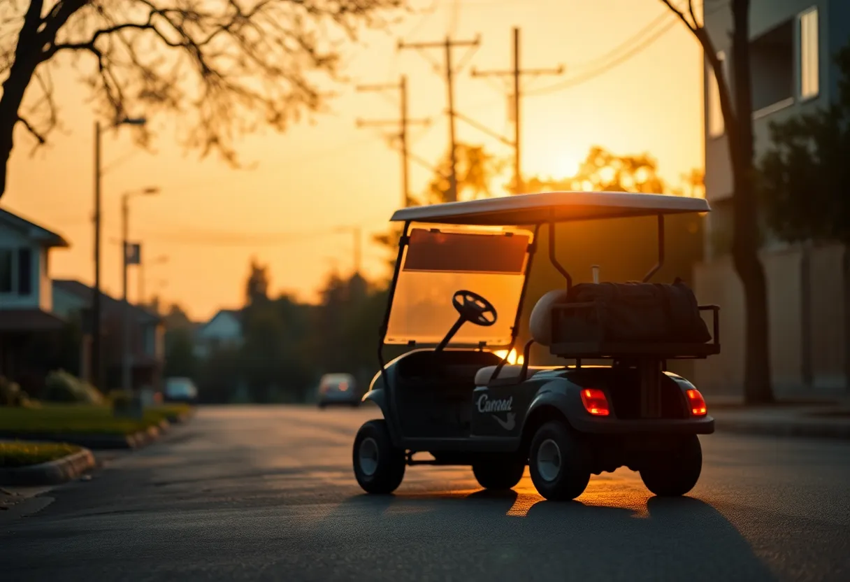An empty golf cart on a street at dawn, representing a tragic incident.