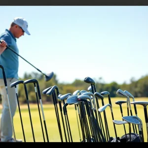 Golfer comparing different golf clubs with professional guidance