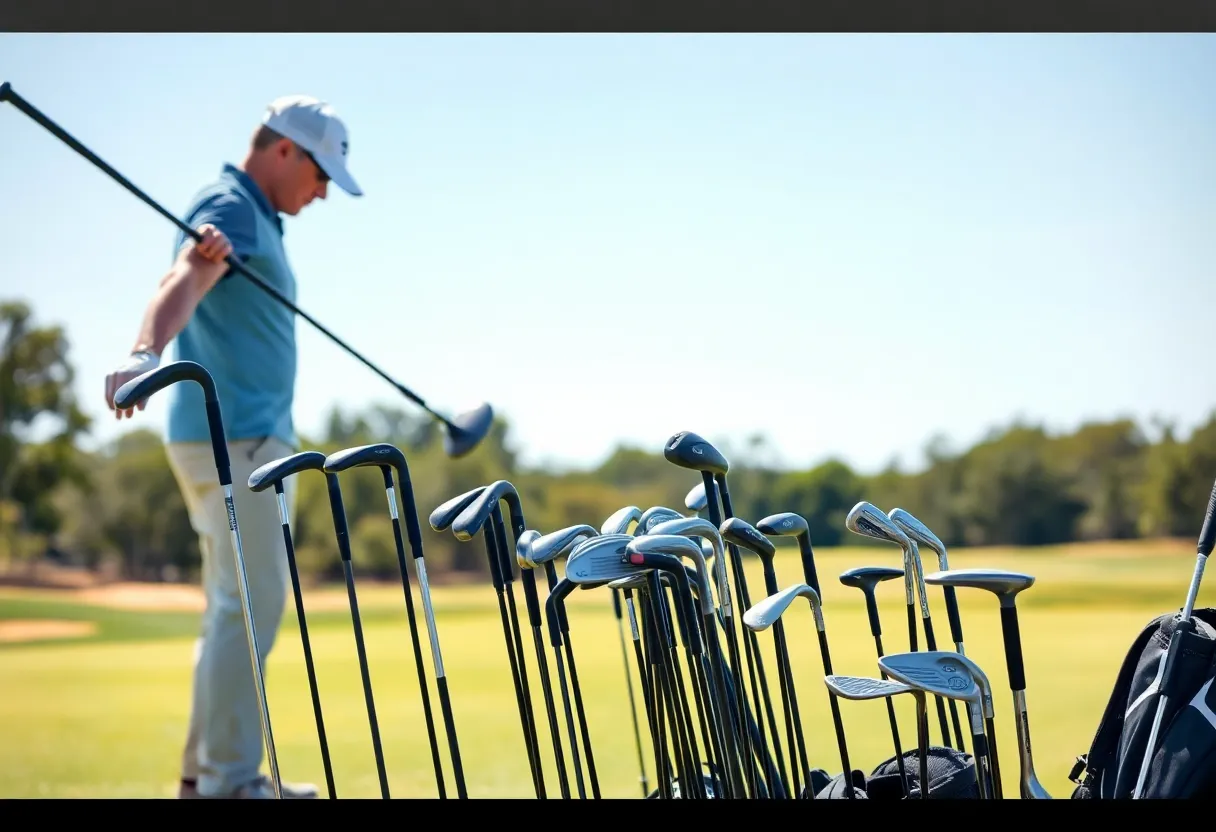 Golfer comparing different golf clubs with professional guidance
