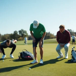 Golfers employing green reading techniques on the golf course