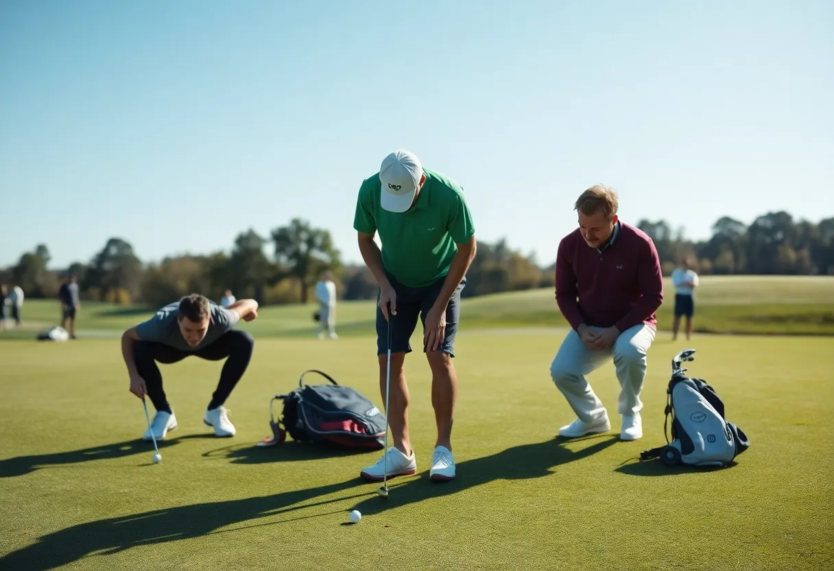 Golfers employing green reading techniques on the golf course