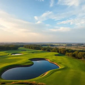A beautiful landscape of a golf course in Guam with lush greens and ocean view.