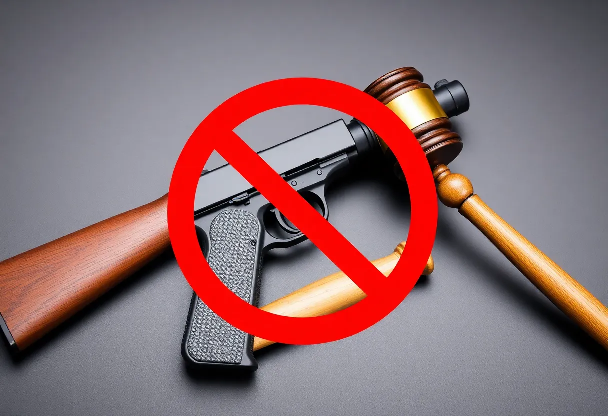 Symbolic representation of gun violence prevention with a broken firearm and justice elements.